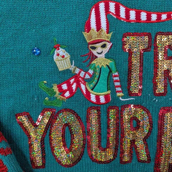 Ugly Christmas Sweater "Treat Your Elf" Size S With Festive Design & Sequins - Picture 4 of 7